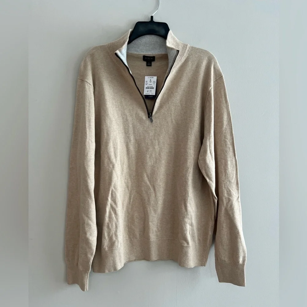 J. Crew NWT Cotton Cashmere Mock Neck Half-Zip Long Sleeve Sweater Cream, Large